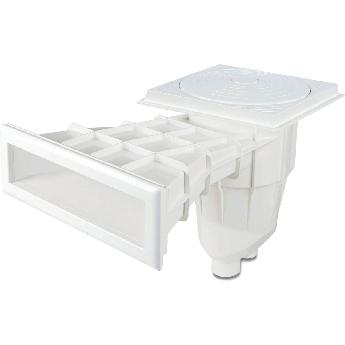 Hoogwaterlijn skimmer breed ABS 50/63 mm lijmmof wit rechthoekig type met messing M6 draad | Aantal 1 PCS