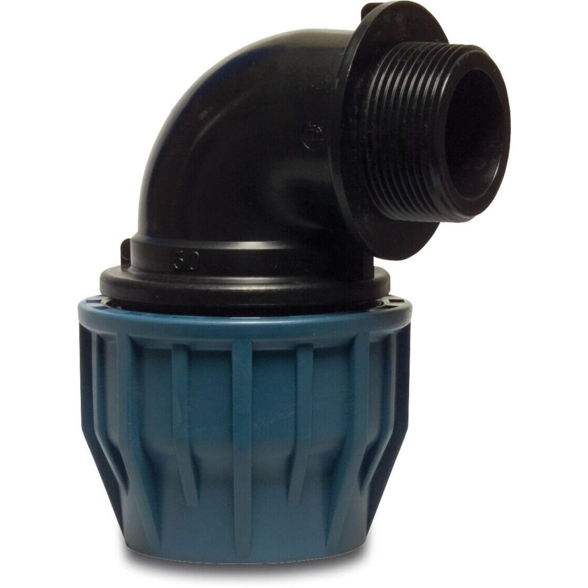 Jason Knie 90° PP 75 mm x 2 1/2" knel x buitendraad 16bar zwart/blauw DVGW/KIWA/WRAS/SVGW | Aantal 1 PCS