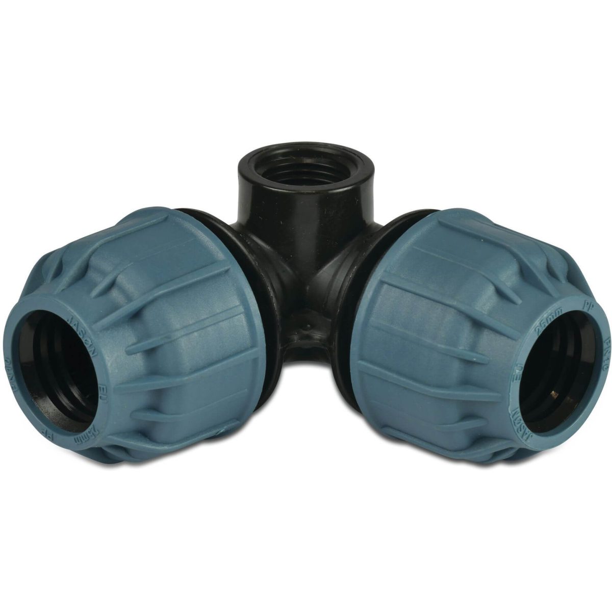 Jason Knie 90° pop-up met zijuitlaat PP 32 mm x 3/4" x 32 mm knel x binnendraad x knel 10bar 1/2" zwart/blauw | Aantal 100 PCS