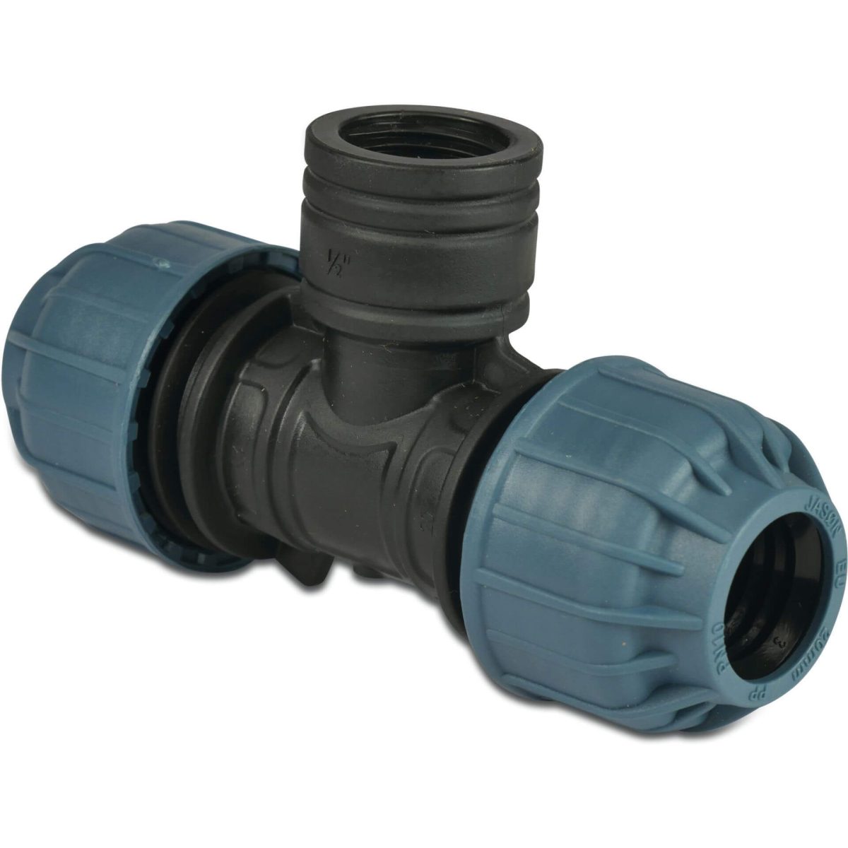 Jason T-stuk 90° PP 32 mm x 1" x 32 mm knel x binnendraad x knel 10bar zwart/blauw | Aantal 1 PCS