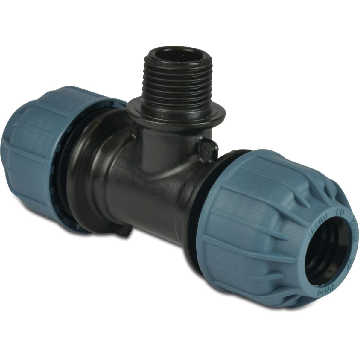 Jason T-stuk 90° PP 50 mm x 1 1/2" x 50 mm knel x buitendraad x knel 10bar zwart/blauw | Aantal 40 PCS