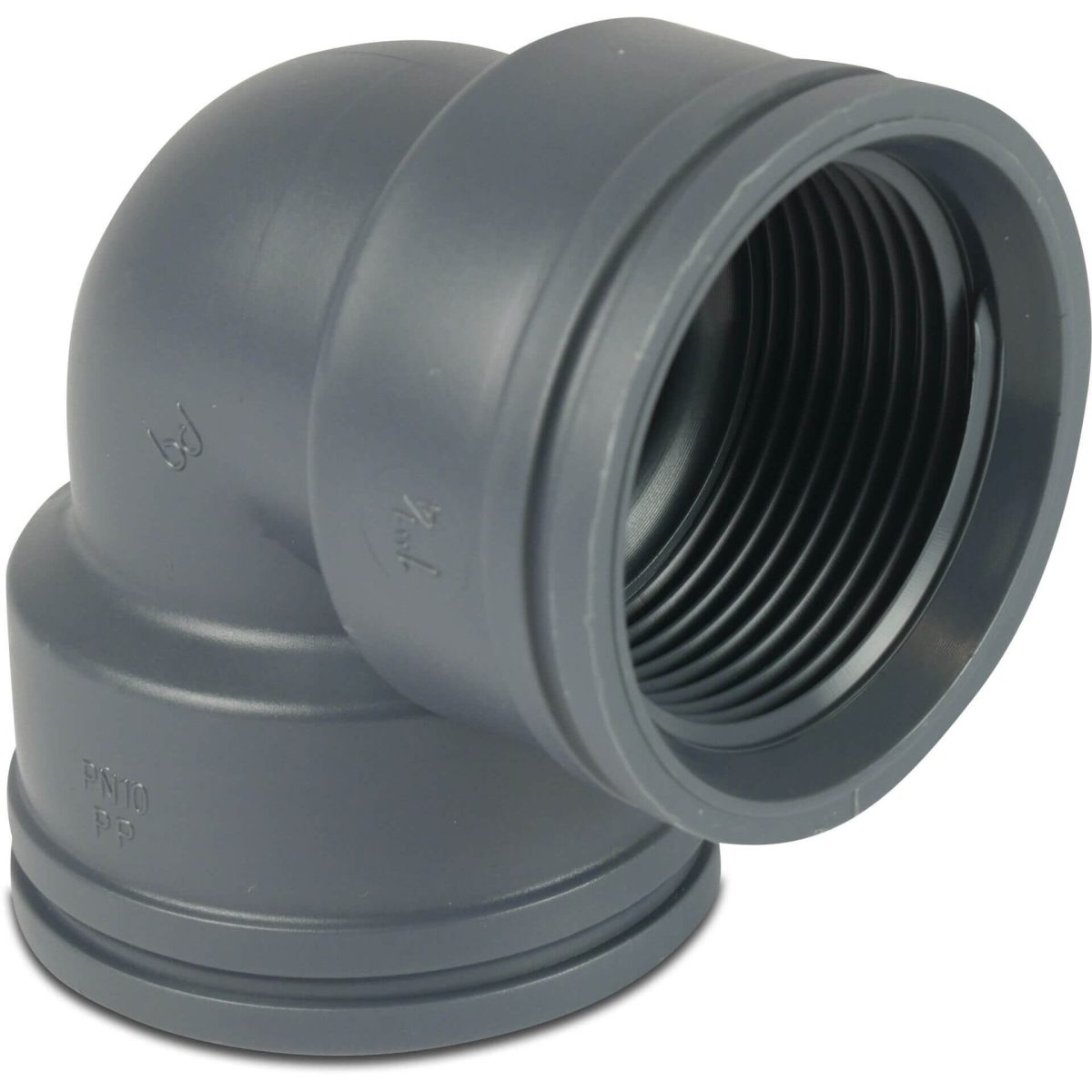 Knie 90° PP 1 1/2" binnendraad 10bar grijs | Aantal 1 PCS