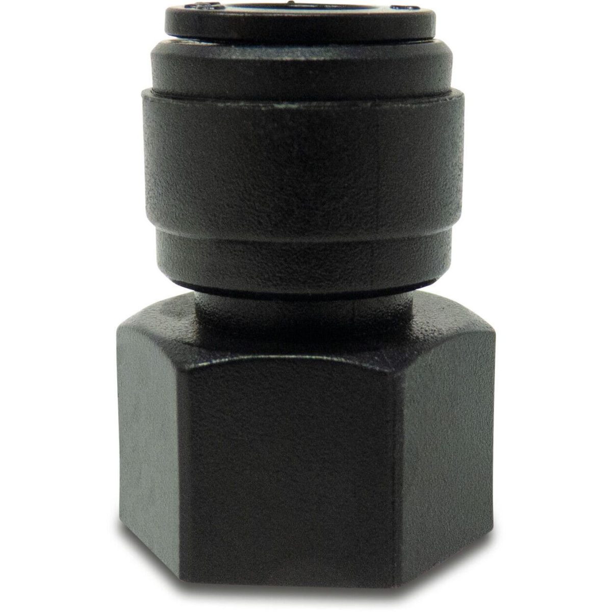 Overgangsstuk met pakking POM 10 mm x 1/2" insteek x binnendraad 16bar zwart WRAS type Aquaspeed | Aantal 25 PCS