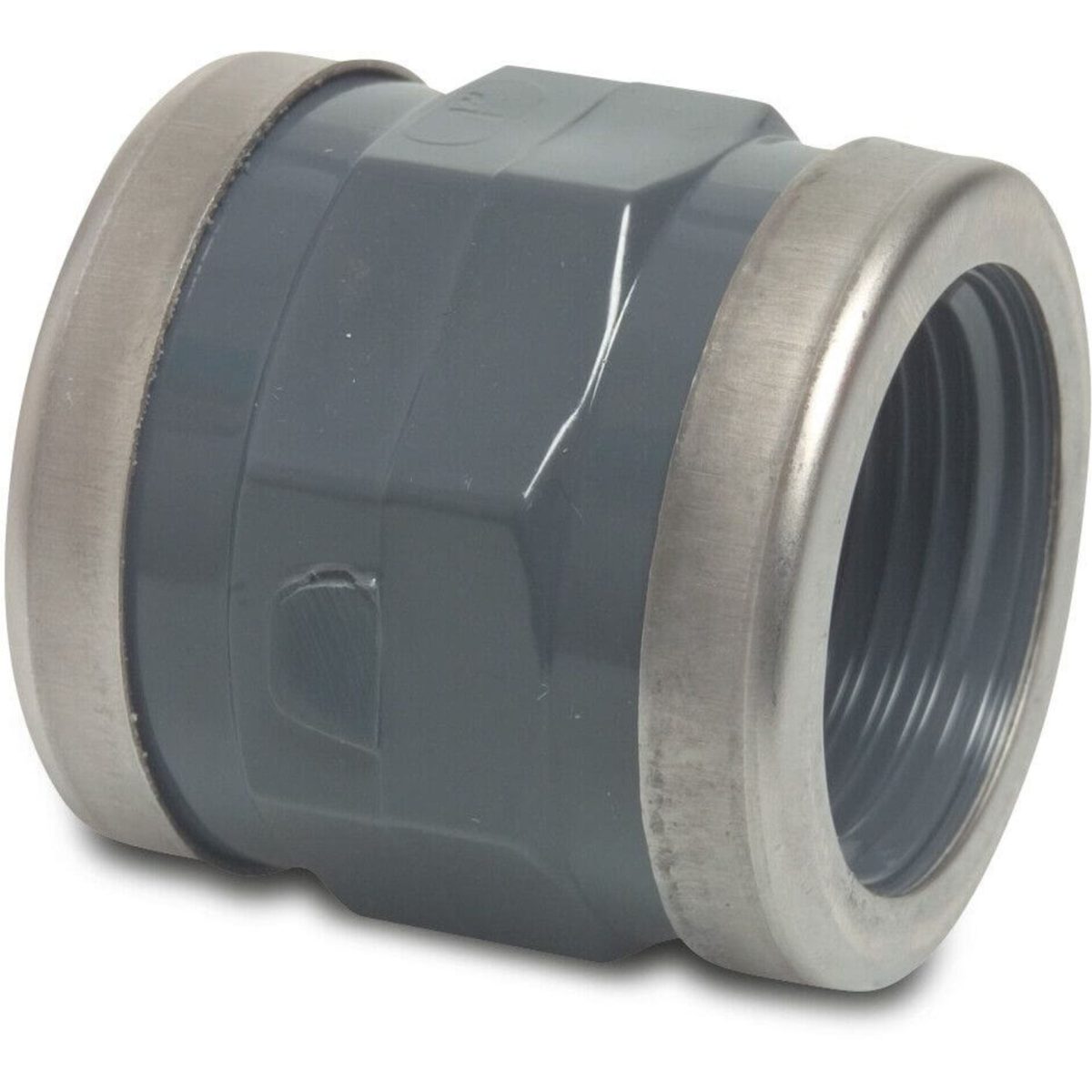 Profec Draadsok PVC-U 1" binnendraad 16bar grijs met RVS ring type versterkt | Aantal 10 PCS