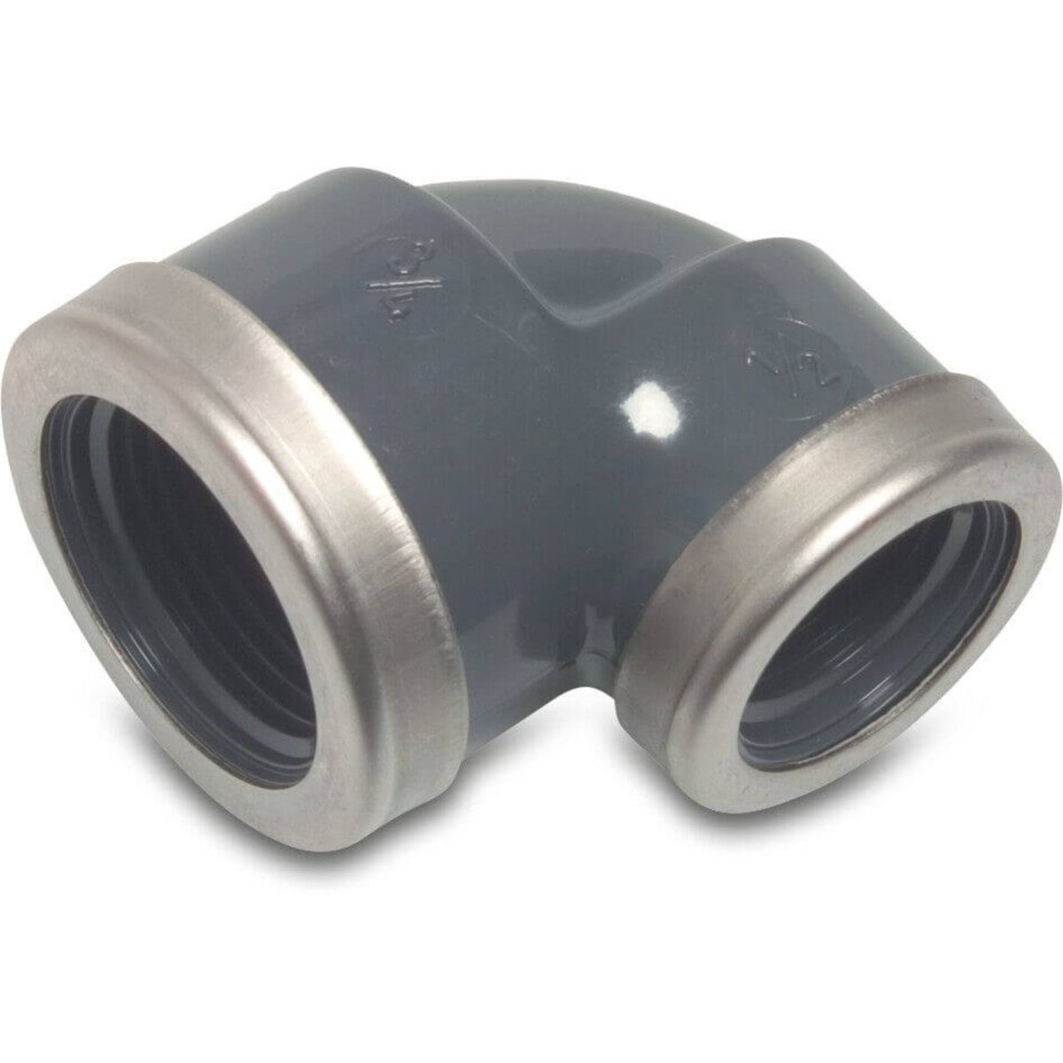 Profec Knie 90° verlopend PVC-U 3/4" x 1/2" binnendraad 10bar grijs met RVS ring type versterkt | Aantal 10 PCS