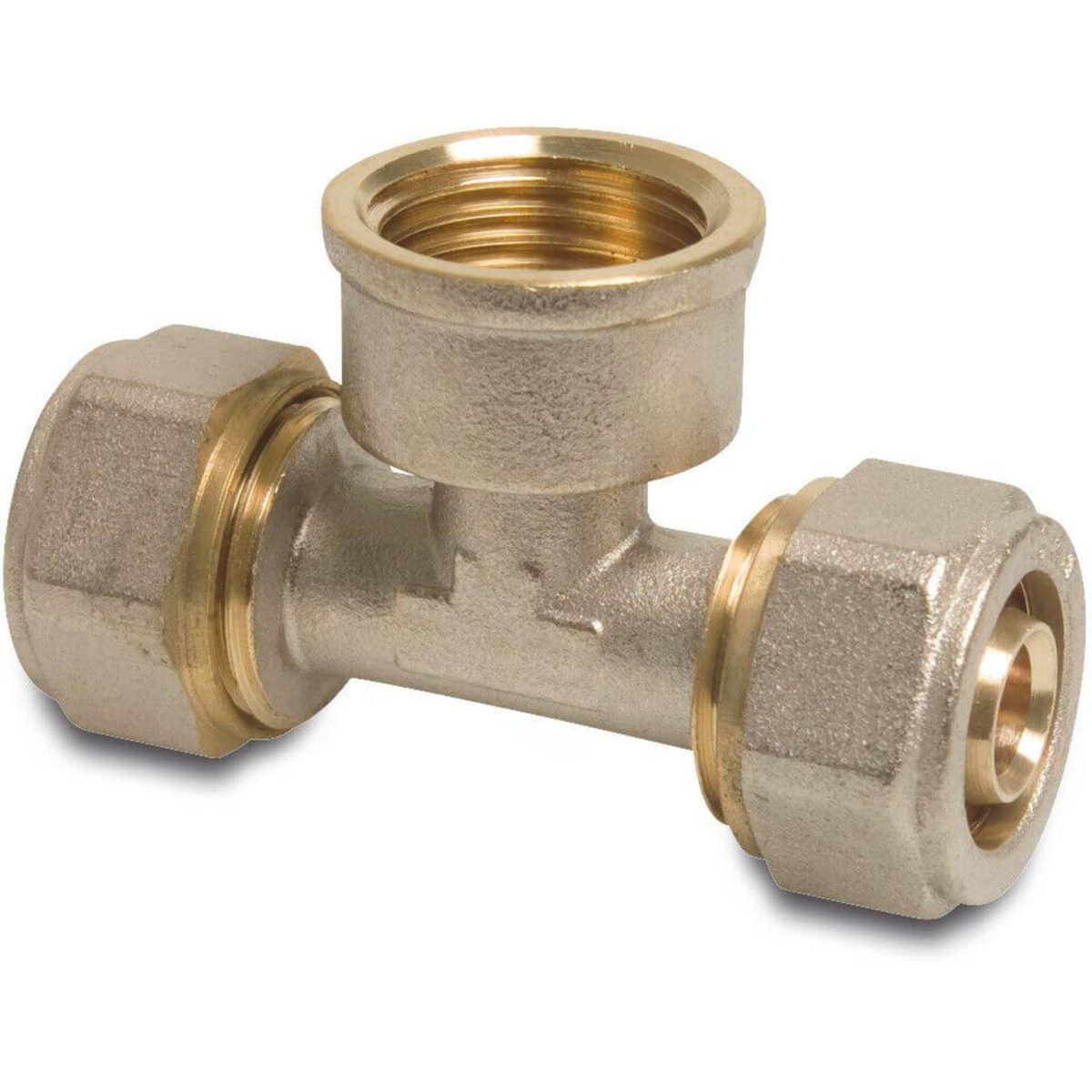 Profec T-stuk 90° messing vernikkeld 20 mm x 1/2" x 20 mm knel x binnendraad x knel DVGW type Alu-PE-X | Aantal 1 PCS