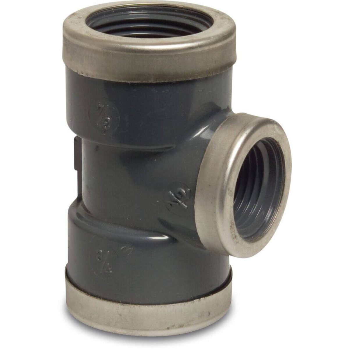 Profec Verloop T-stuk 90° PVC-U 3/4" x 1/2" x 3/4" binnendraad 16bar grijs met RVS ring type versterkt | Aantal 10 PCS