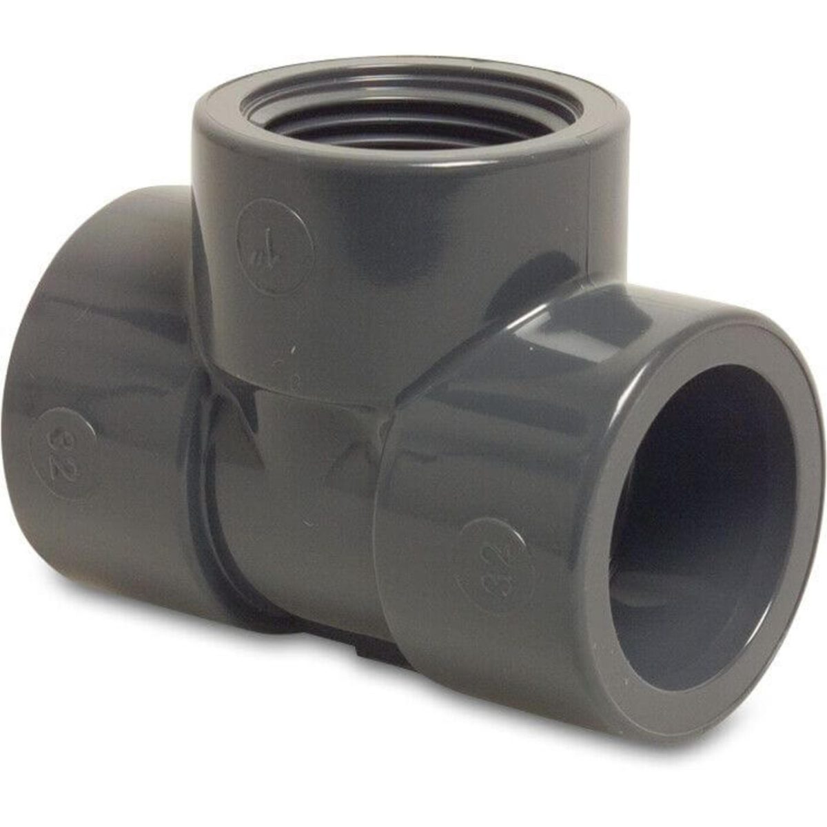 T-stuk 90° PVC-U 75 mm x 2 1/2" x 75 mm lijmmof x binnendraad x lijmmof 10bar grijs L1 | Aantal 1 PCS
