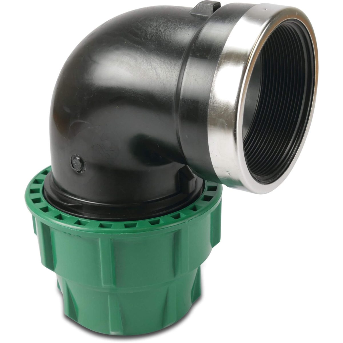 VDL Knie 90° PP 50 mm x 1 1/4" knel x binnendraad 16bar zwart/groen | Aantal 18 PCS