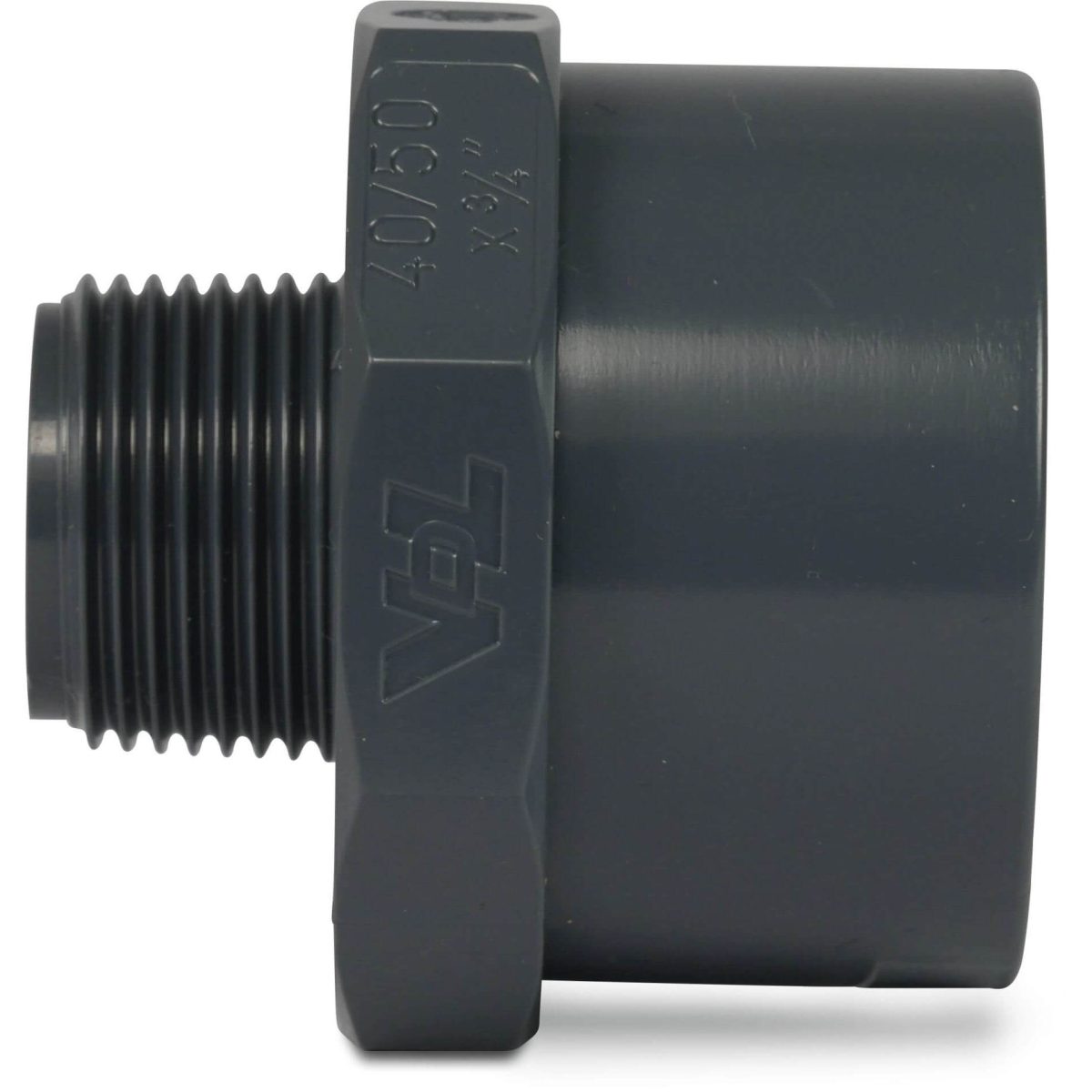 VDL Puntstuk PVC-U 50/63 mm x 1 1/4" lijmmof/spie x buitendraad 16bar grijs type achtkant | Aantal 1 PCS