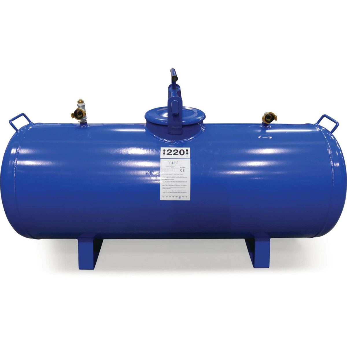 Yamit Mesttank staal gepoedercoat 25" x 13 mm slangtule 8bar blauw 220ltr type F570H horizontaal | Aantal 1 PCS