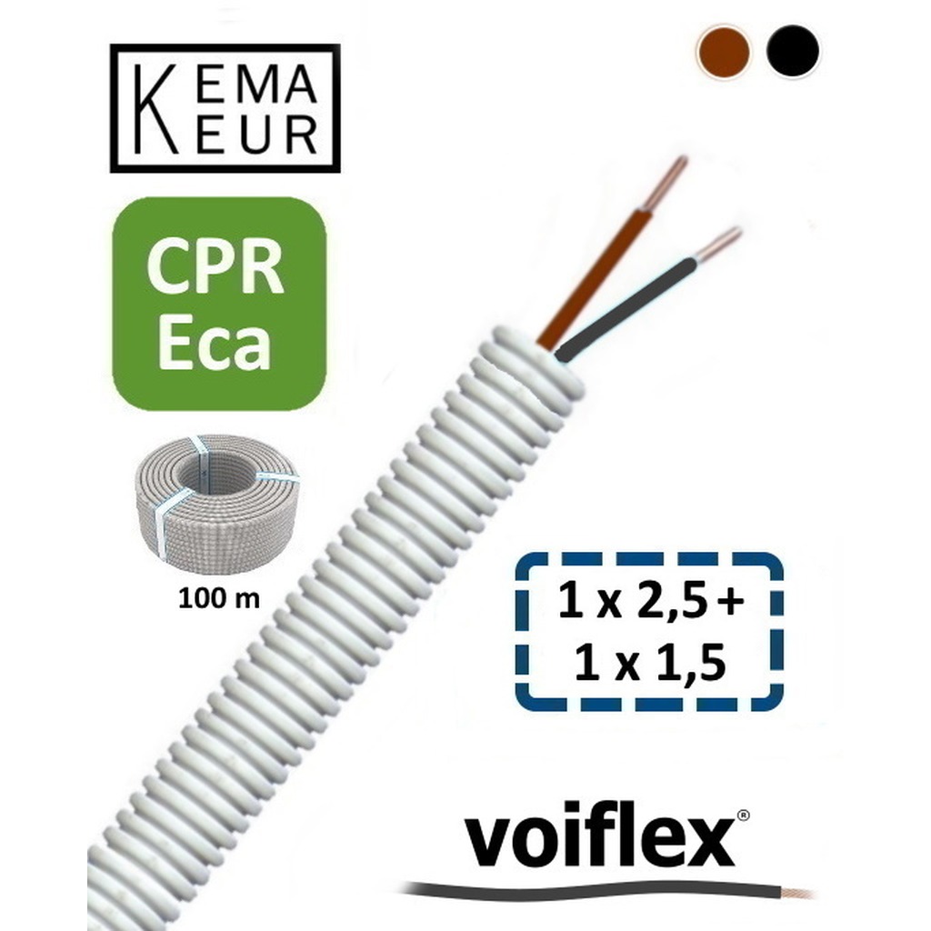 VoiFlex Voorbedr.Buis 16mm+HO7V-U 1 x 2.5 BR+1 x 1.5 ZW ( prijs per 100 mtr. ) KEMA CPR