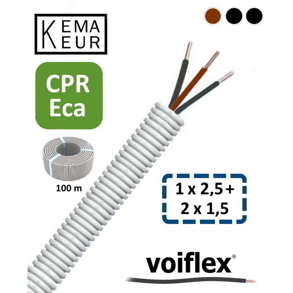VoiFlex Voorbedr.Buis 16mm+HO7V-U 1 x 2.5 BR+2 x 1.5 ZW ( prijs per 100 mtr. ) KEMA CPR