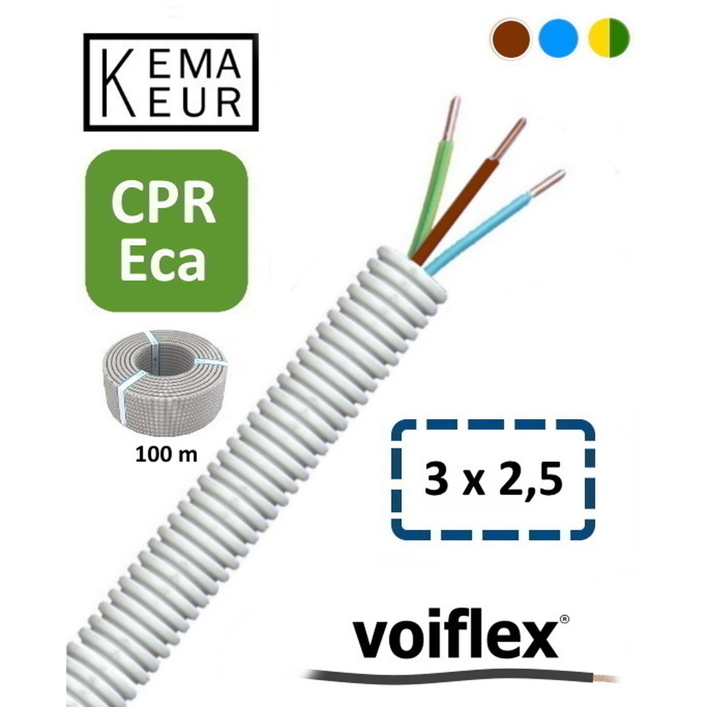 VoiFlex Voorbedr.Buis 16mm+HO7V-U 3G2.5 G/G-BL-BR ( prijs per 100 mtr. ) KEMA CPR