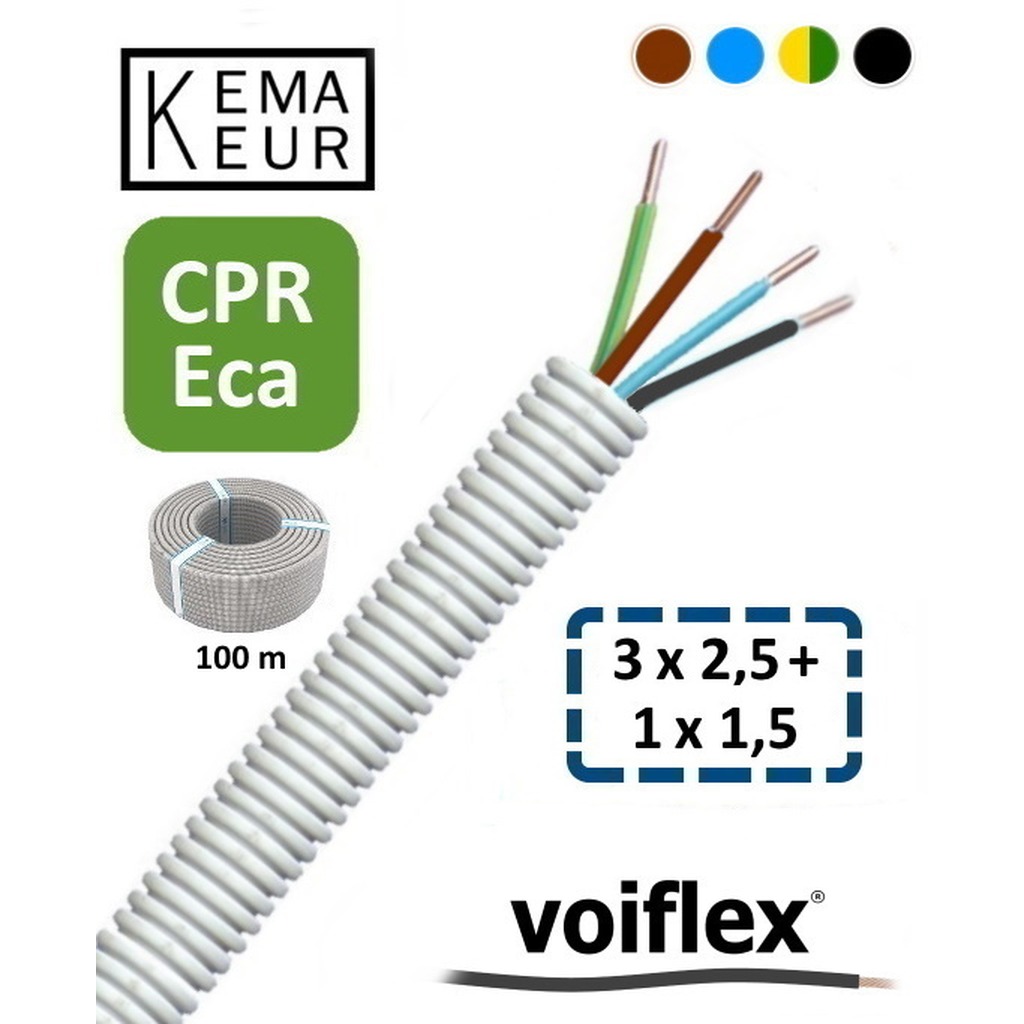 VoiFlex Voorbedr.Buis 16mm+HO7V-U 3G2.5 G/G-BL-BR+1 x 1.5 ZW ( prijs per 400 mtr. ) KEMA CPR HASPEL