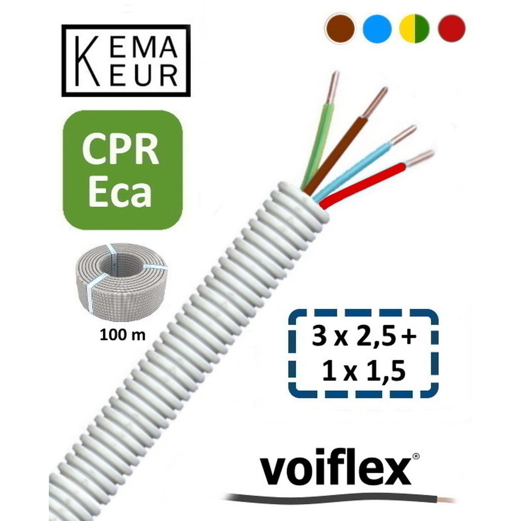 VoiFlex Voorbedr.Buis 16mm+HO7V-U 3G2.5 G/G-BL-BR+1 x 1.5 ROOD ( prijs per 100 mtr. ) KEMA CPR