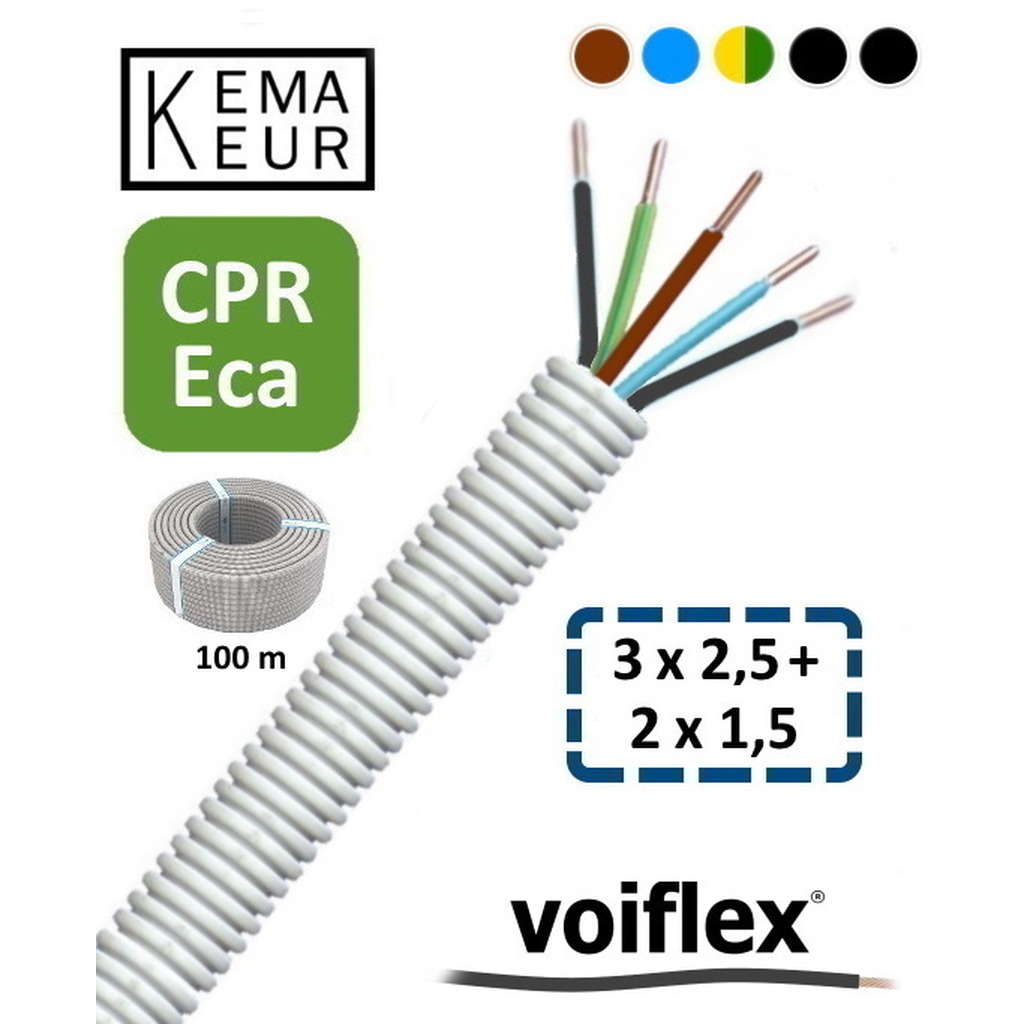 VoiFlex Voorbedr.Buis 16mm+HO7V-U 3G2.5 G/G-BL-BR+2 x 1.5 ZW ( prijs per 400 mtr. ) KEMA CPR HASPEL