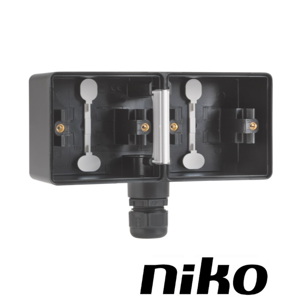 Niko Spuitwaterdicht opbouwdoos 2-voudig HORIZONTAAL ( IP55 ) zwart met 1 x M20-ingang incl. wartel