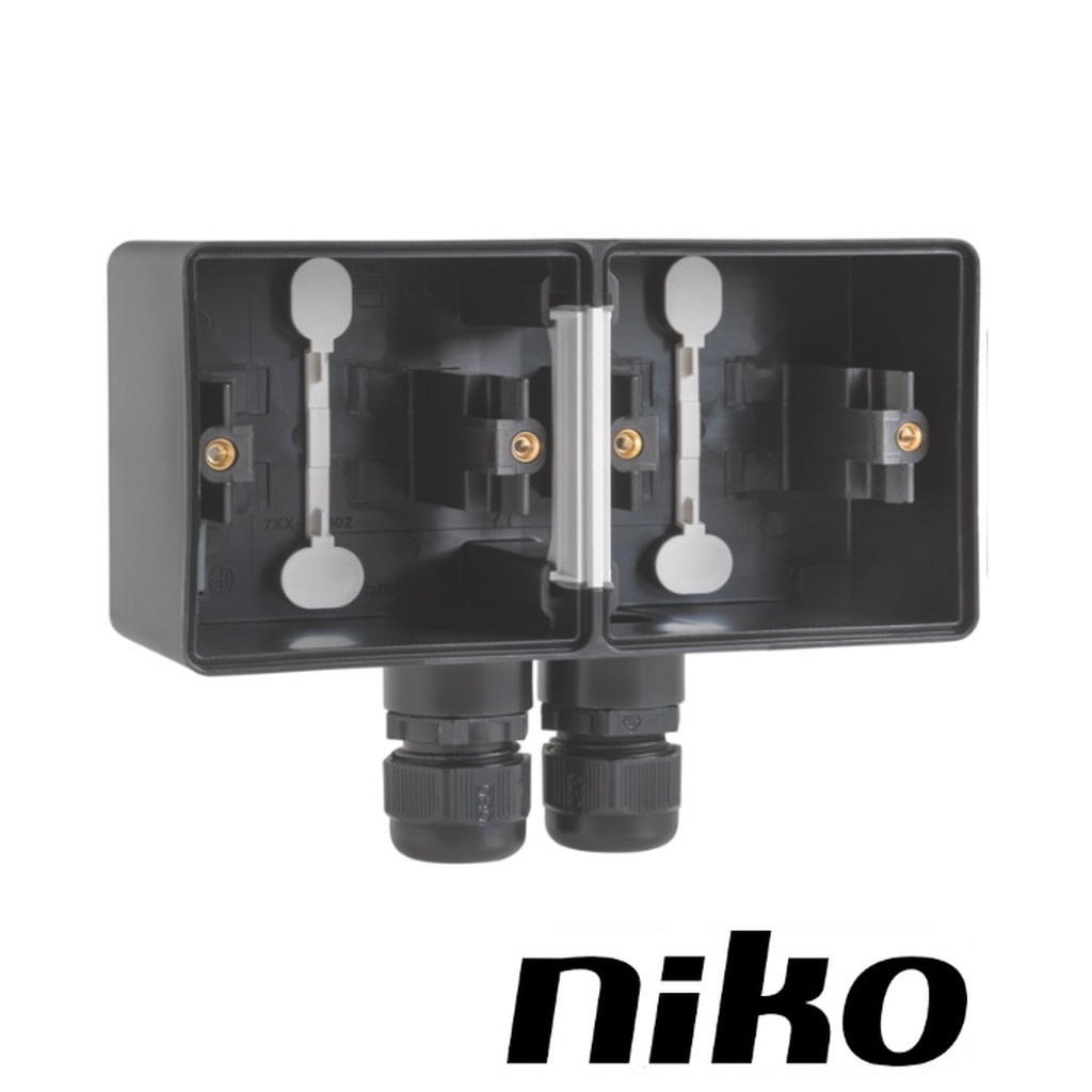 Niko Spuitwaterdicht opbouwdoos 2-voudig HORIZONTAAL ( IP55 ) zwart met 2 x M20-ingang incl. wartel