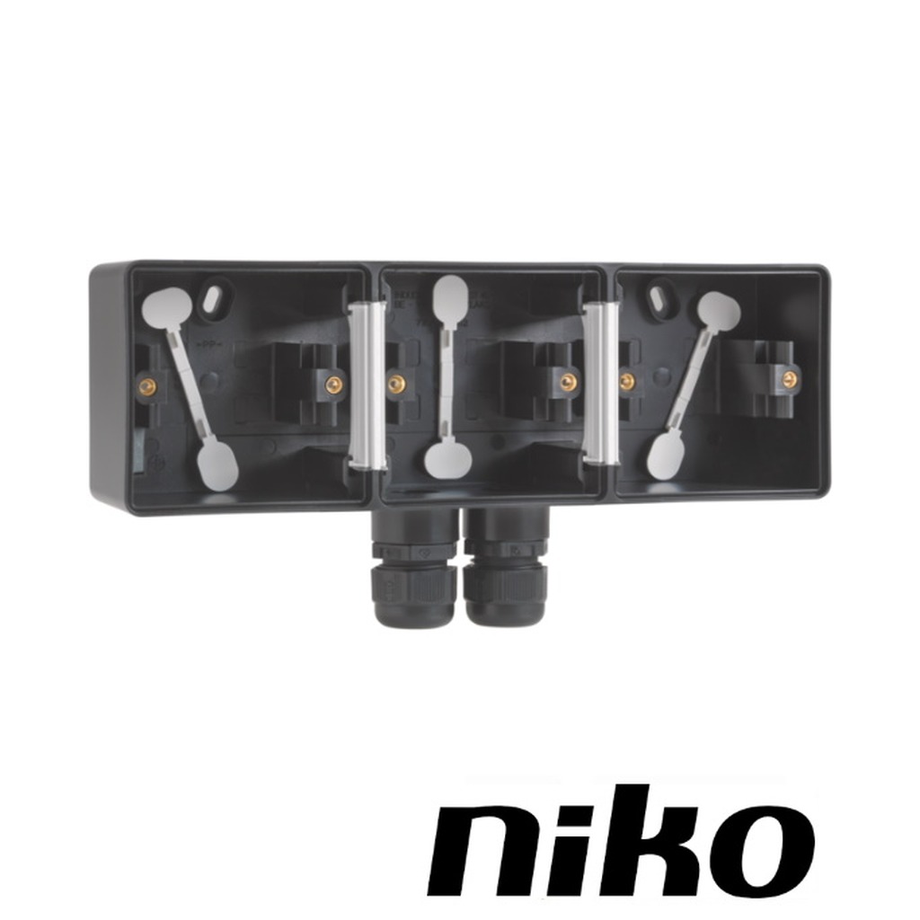 Niko Spuitwaterdicht opbouwdoos 3-voudig HORIZONTAAL ( IP55 ) zwart met 2 x M20-ingang incl. wartel