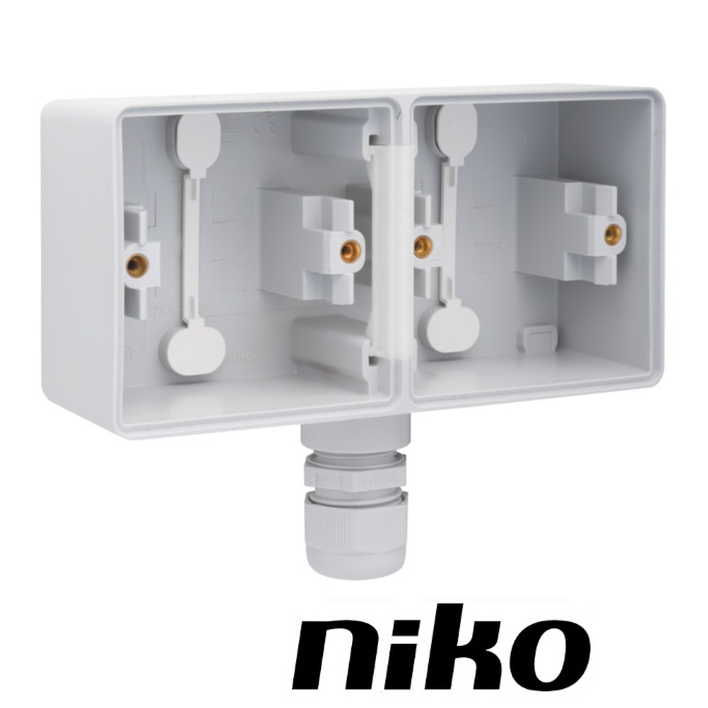 Niko Spuitwaterdicht opbouwdoos 2-voudig HORIZONTAAL ( IP55 ) grijs met 1 x M20-ingang incl. wartel