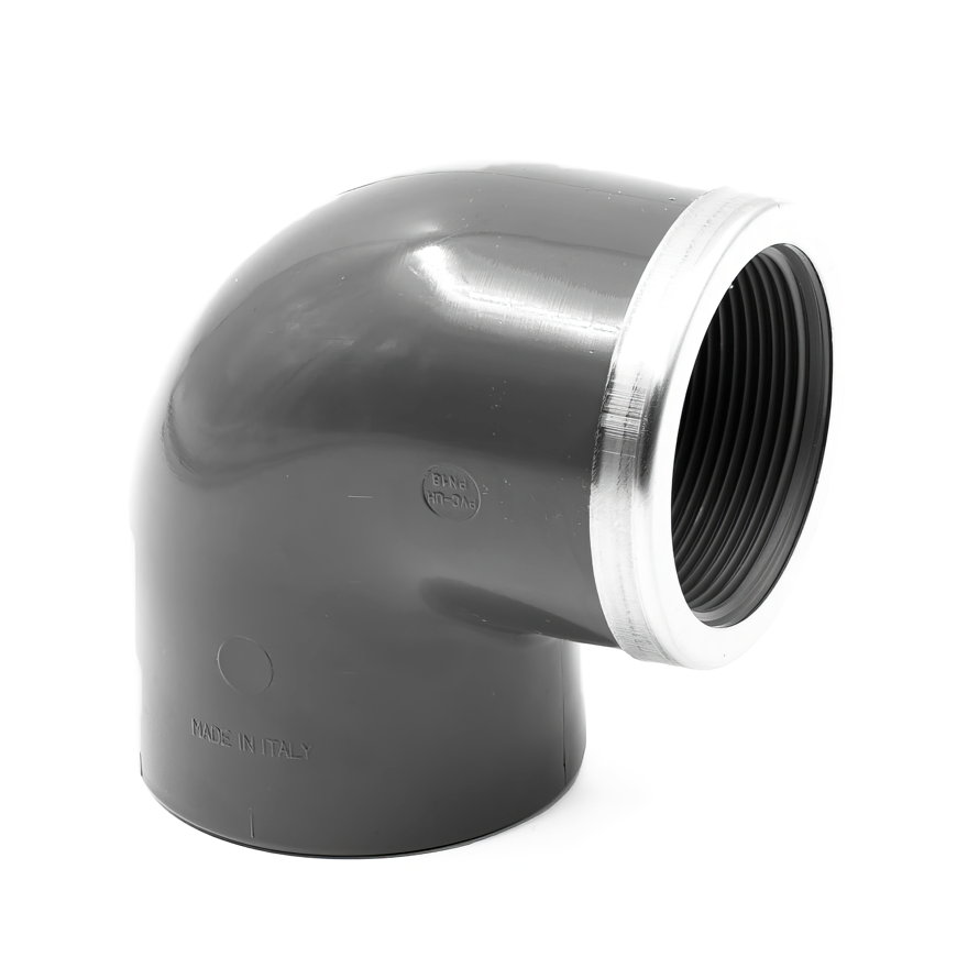 Comer knie 90°, pvc-u, rvs, inwendig lijm x bi.dr., met versterkingsring, 16 bar, 25 mm x ¾"