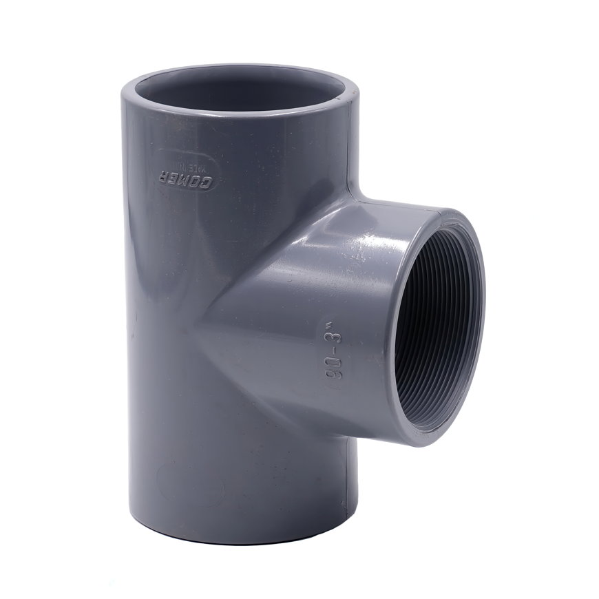 Comer schroef T-stuk 90°, pvc-u, 2x inwendig lijm / 1x binnendraad, 16 bar, 25 mm x ¾" x 25 mm