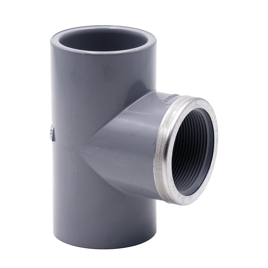 Comer schroef T-stuk 90°, pvc-u, rvs, 2x inw lijm/1x bi.dr., +versterkingsring, 16 bar, 25 mm x ¾"