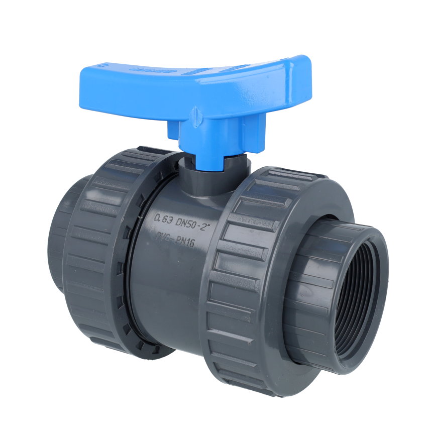 Comer kogelkraan, pvc-u, 2x binnendraad / 2x wartel, blauwe hendel, epdm, 10 bar, 4"
