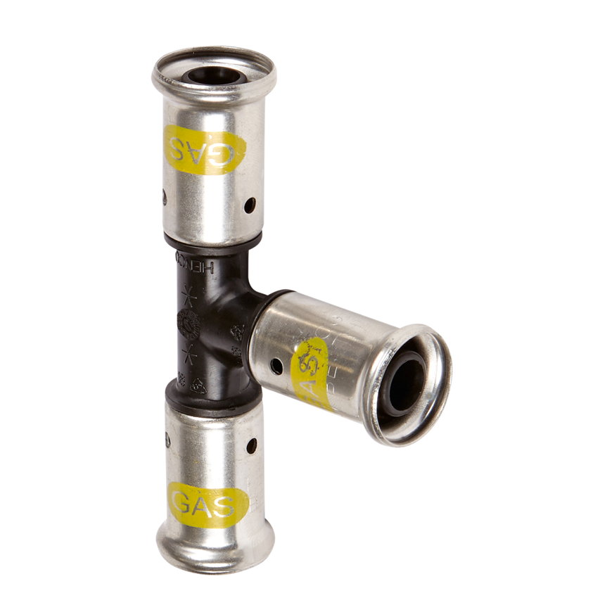 Henco T-stuk 90°, gas, pvdf, rvs, 3x pers, type 9PKG, hnbr, 10 bar, 26 x 26 x 26 mm