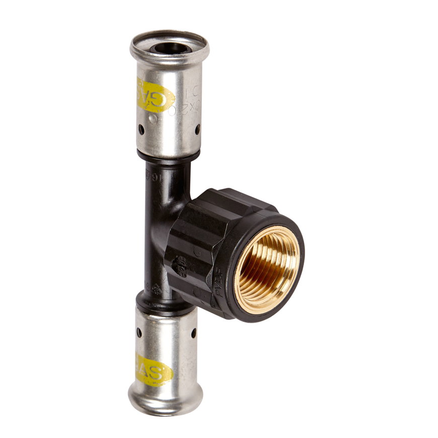 Henco schroef T-stuk 90°, gas, pvdf, rvs, 2x pers x bi.dr, type 13PKG, hnbr, 10 bar, 26 x ¾" x 26 mm