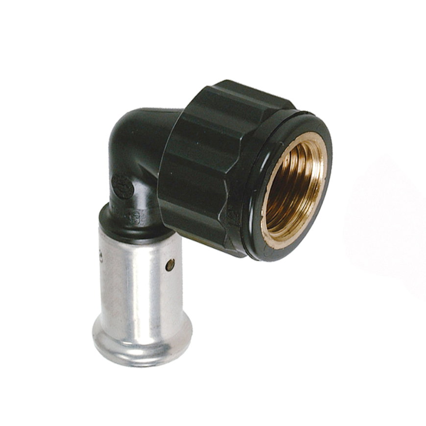 Henco schroefknie 90°, pvdf, rvs, pers x binnendraad, type 6PK, epdm, 16 bar, 32 mm x 1"