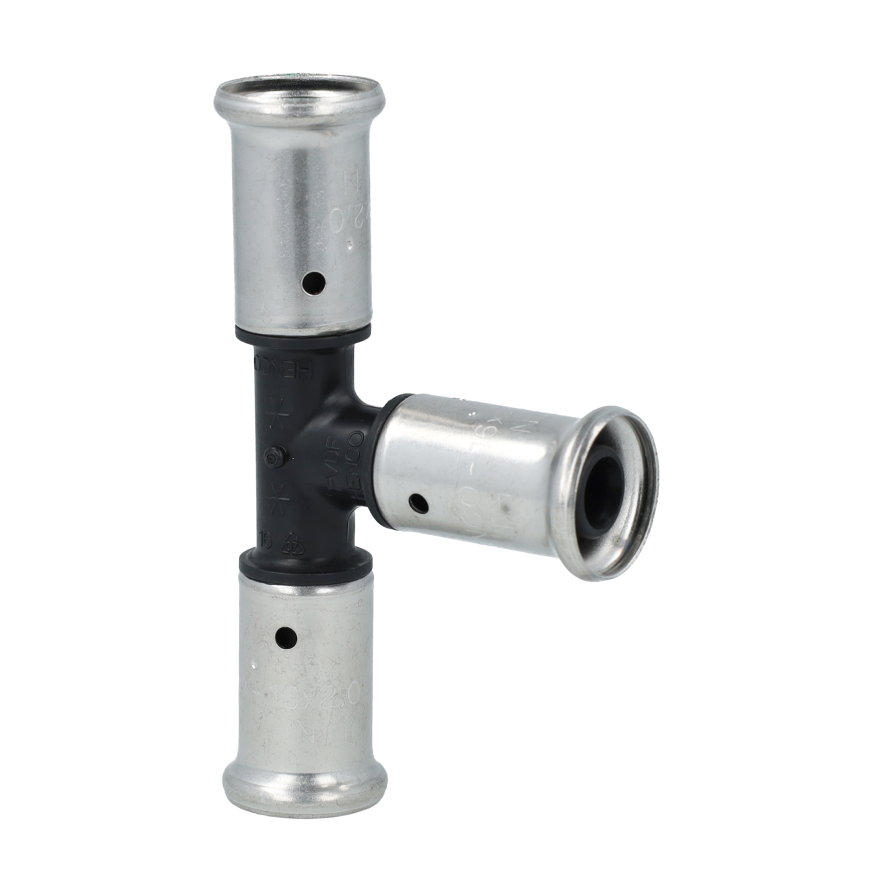 Henco T-stuk 90°, pvdf, rvs, 3x pers, type 9PK, epdm, 10 bar, 32 x 32 x 32 mm