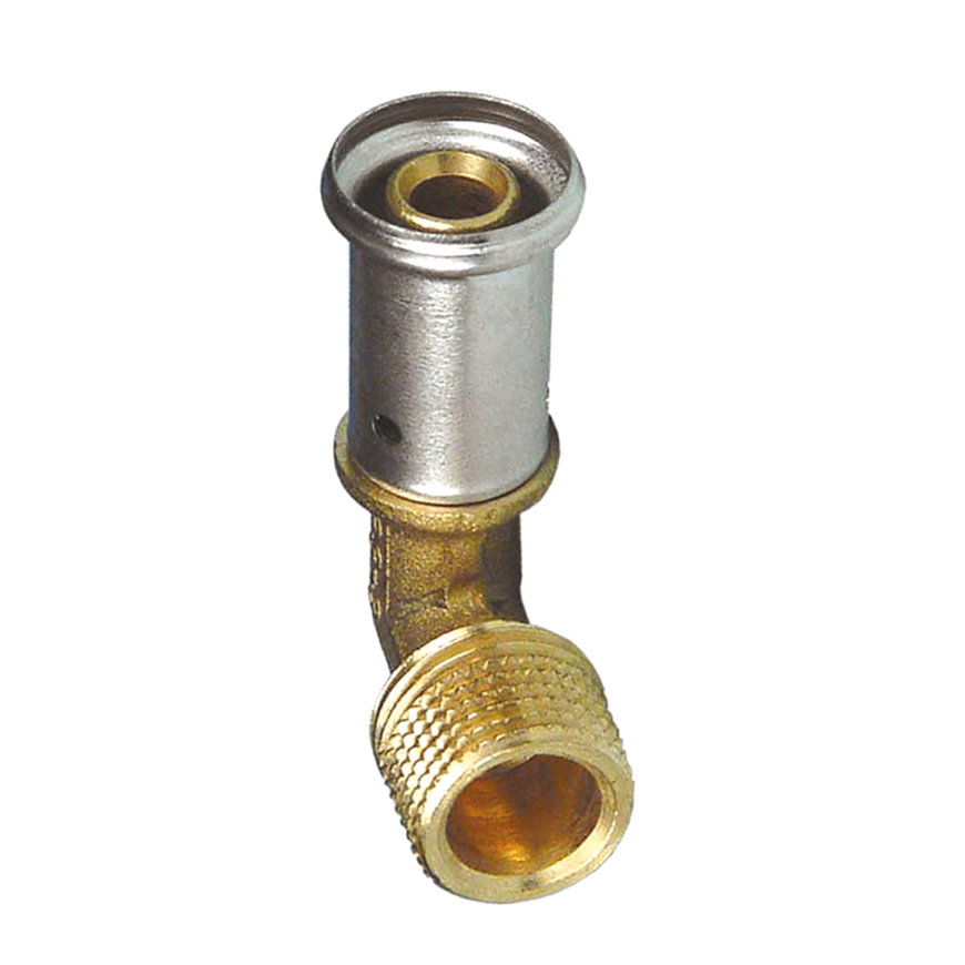 Henco draadknie 90°, messing, rvs, pers x buitendraad, type 5P, epdm, 16 bar, 16 mm x ½"