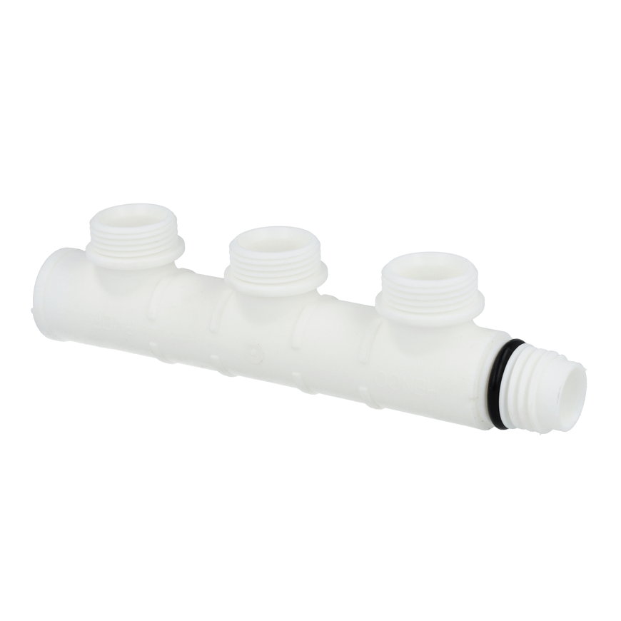 Henco Full Flow Manifold verdeler, pvdf, binnendraad x buitendraad, type VSKEK, 3 groepen, ¾"