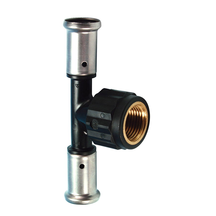 Henco schroef T-stuk 90°, pvdf, rvs, 2x pers / 1x bi.dr., type 13PK, epdm, 16 bar, 32 mm x 1" x 32mm