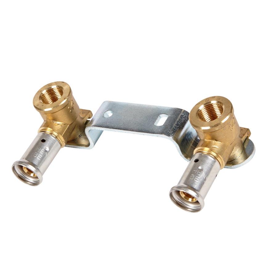 Henco dubbele muurplaat, messing, rvs, pers x bi.dr., type 28PV, epdm, 16 bar, inbouw, 16 mm x ½"