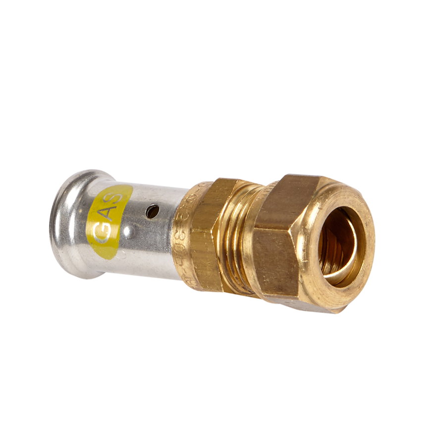 Henco overgangskoppeling, gas, messing, rvs, pers x knel, type 30PG, hnbr, 16 bar, 26 x 22 (cu) mm