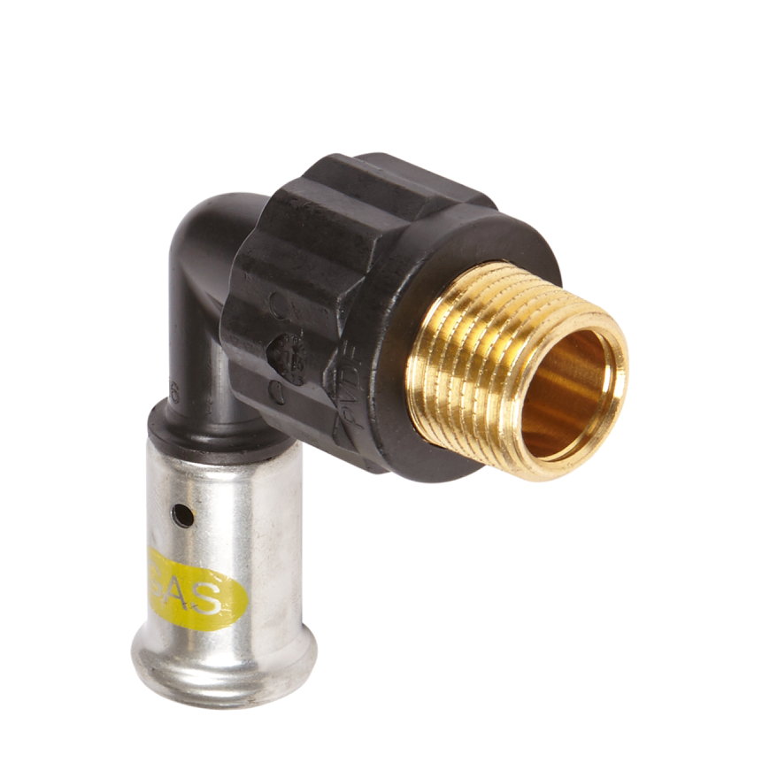 Henco draadknie 90°, gas, pvdf, rvs, pers x buitendraad, type 5PKG, hnbr, 10 bar, 26 mm x ¾"