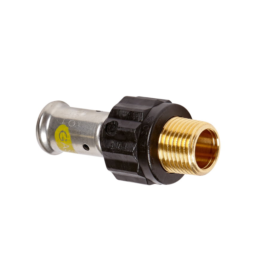 Henco draadkoppeling, gas, pvdf, rvs, pers x buitendraad, type 17PKG, hnbr, 10 bar, 26 mm x ¾"