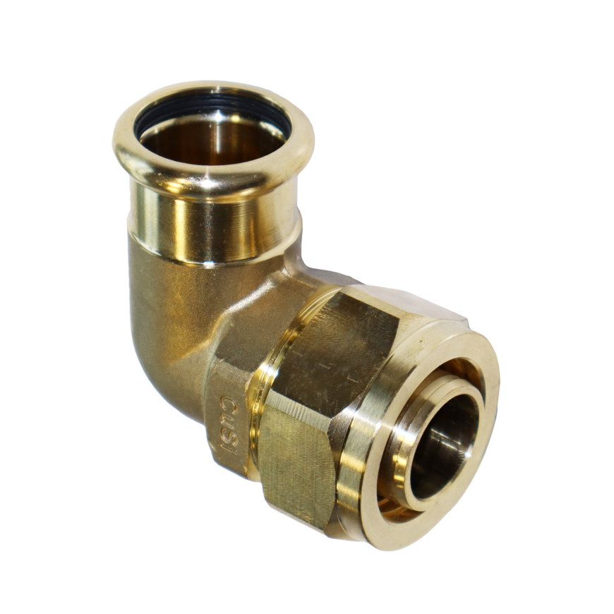 Henco overgangsknie 90°, messing, rvs, pers x knel, type 46P, epdm, 16 bar, 32 x 28 (cu) mm