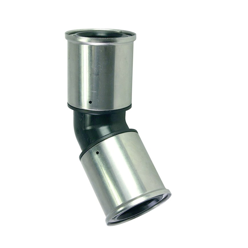 Henco knie 45°, pvdf, rvs, 2x pers, type 27PK, epdm, 10 bar, 50 mm