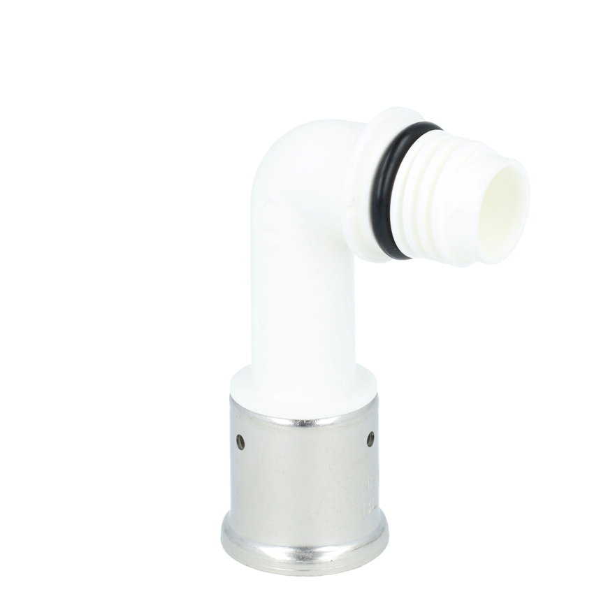 Henco Vision draadknie 90°, pvdf, rvs, pers x buitendraad, type VVPK90, epdm, boven, 26 mm x ¾"