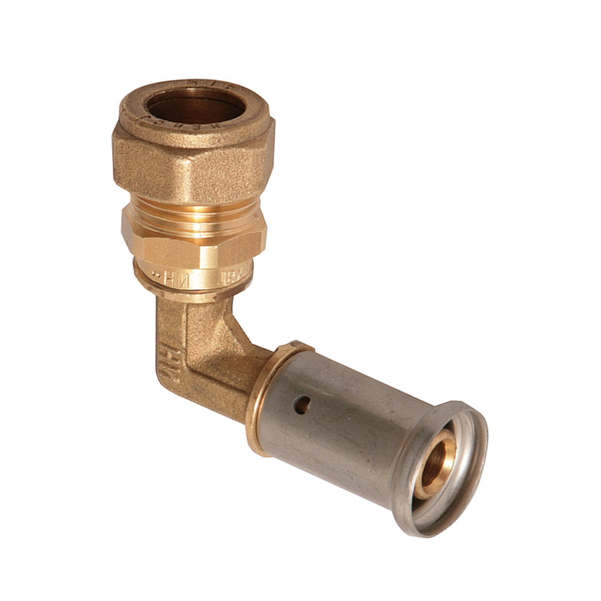 Henco overgangsknie 90°, messing, rvs, pers x knel, type 40P, epdm, 16 bar, 26 x 22 (cu) mm