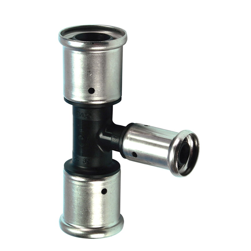 Henco verloop T-stuk 90°, pvdf, rvs, 3x pers, type 10PK, epdm, 10 bar, 32 x 26 x 32 mm