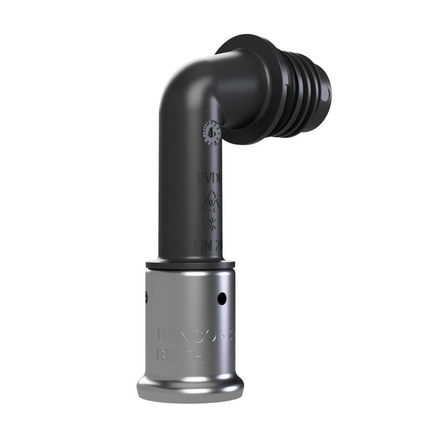 Henco knie 90° voor Pro-Flow Manifold verdeler, pers x euroconus, VKPK90, toevoer onder, 20 mm,zwart