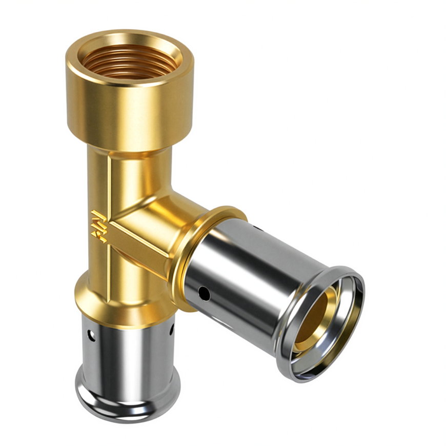 Henco schroef T-stuk 90°, messing, rvs, 2x pers / 1x binnendraad, type 48P, 16 bar, 32 x 32 mm x ½"