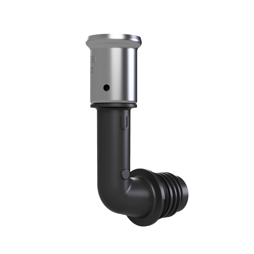 Henco knie 90° voor Pro-Flow Manifold verdeler, pers x euroconus, VKPK90, toevoer boven, 20 mm,zwart