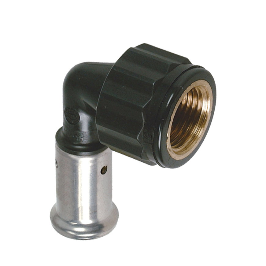Henco schroefknie 90°, pvdf, rvs, pers x binnendraad, type 6PK, epdm, 10 bar, 50 mm x 1½"