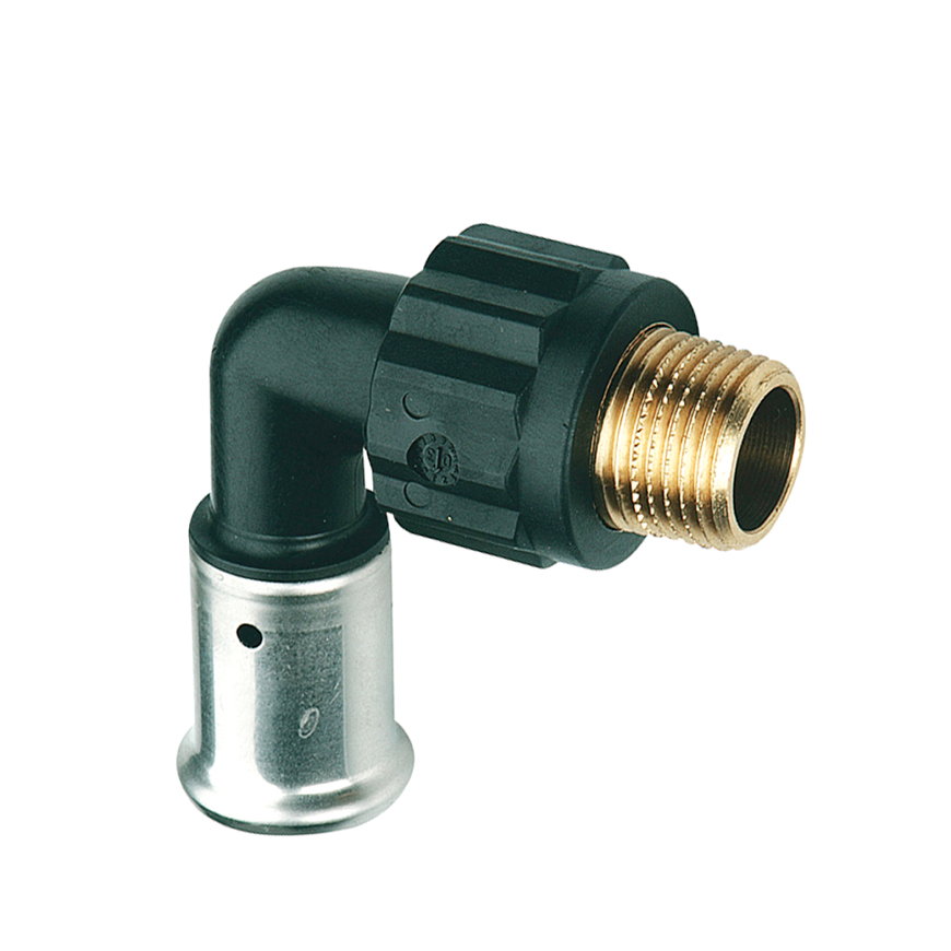 Henco draadknie 90°, pvdf, rvs, pers x buitendraad, type 5PK, epdm, 10 bar, 32 mm x 1"